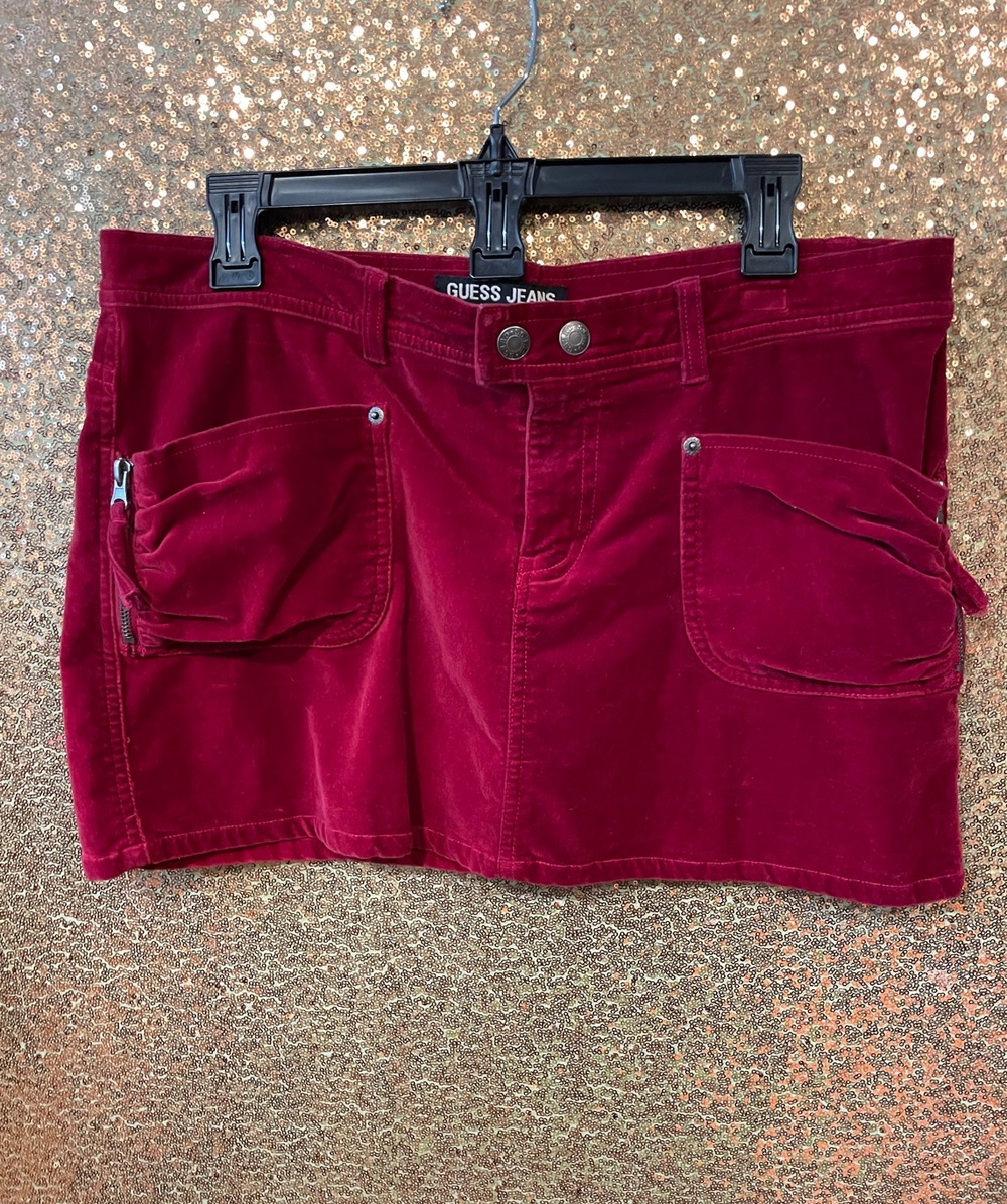Guess Vintage Velvet Mini Skirt in Wine Red with Cargo Pockets